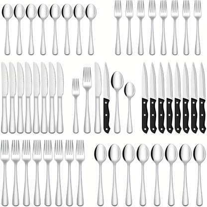 Stainless Steel Flatware Set with Steak Knives – 24/48 Piece Silverware Set Service for 4 or 8, Mirror Polished Cutlery, Dishwasher Safe, Silver & Black
