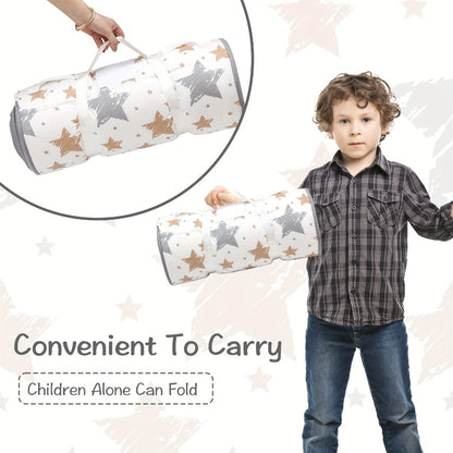 Toddler Nap Mat with Removable Pillow & Minky Blanket, Rollup Kids Sleeping Mat for Daycare Preschool, Portable Toddler Sleeping Bag for Travel Camping, Star Pattern