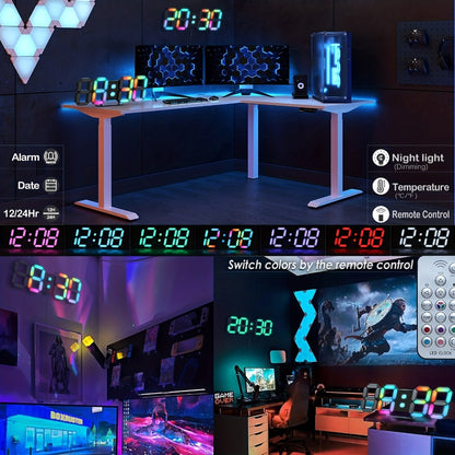 Digital Wall Clock RGB Neon LED 9.7" Large Display – Aesthetic Alarm Clock with Remote Control, Adjustable Brightness, Date & Temperature Display for Bedroom, Living Room, Office & Gym