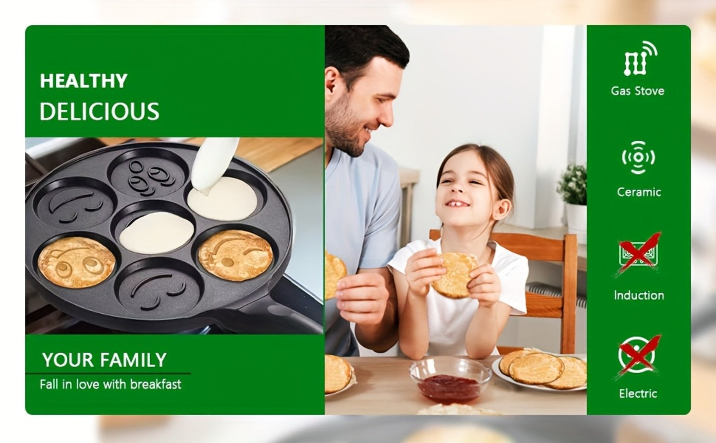 Non-Stick Pancake Pan 7-Hole Smiley Face – Fun Breakfast Egg & Bacon Frying Tray for Kids & Family, Easy to Clean, Mini Pancake Maker Baking Pan Kitchen Cooking Tool
