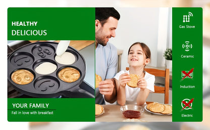 Non-Stick Pancake Pan 7-Hole Smiley Face – Fun Breakfast Egg & Bacon Frying Tray for Kids & Family, Easy to Clean, Mini Pancake Maker Baking Pan Kitchen Cooking Tool