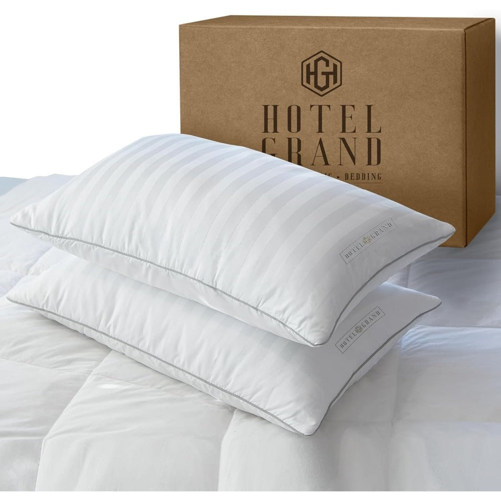 Hotel Collection Feather Down Bed Pillows Set of 2 – 500 Thread Count 100% Cotton, Soft Hypoallergenic Queen King Standard Size Back Side Sleeper Pillow 2 Pack