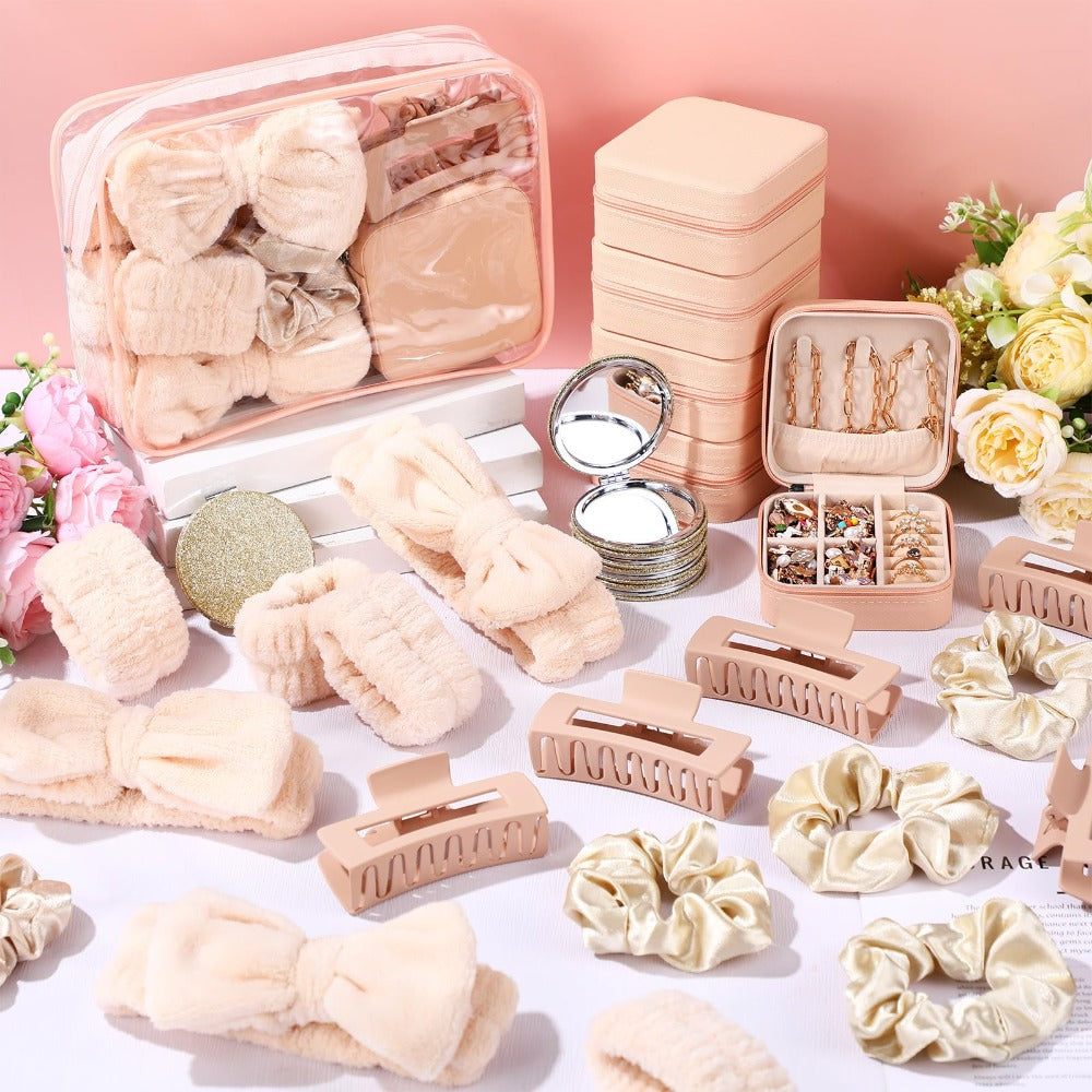 Spa Party Favors Set 48pcs for Women – Sleepover Party Supplies with Headband, Wristband, Scrunchies, Hair Clip, Jewelry Case, Makeup Bag & Mirror, Bridesmaid Proposal Gift, Girls Night Return Gifts