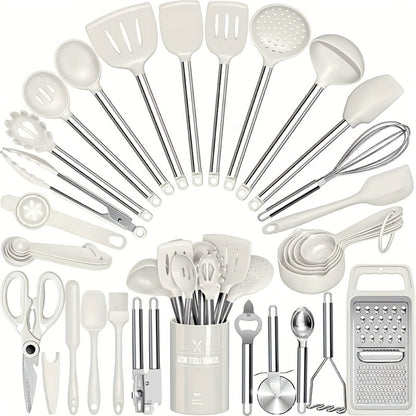 Silicone Cooking Utensils Set 34 Piece with Stainless Steel Handle, Heat Resistant Kitchen Gadgets Tools for Nonstick Cookware, Spatulas Spoons Tongs Whisk Complete Kitchen Accessories Gift Set