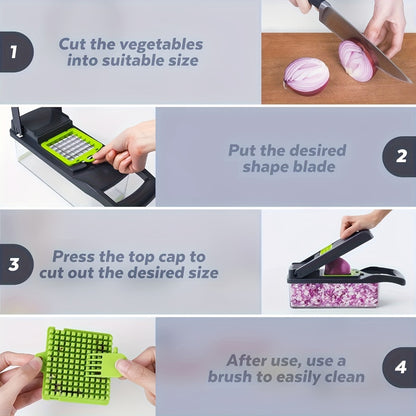 Vegetable Chopper 16-in-1 Multifunctional Food Chopper Slicer & Dicer – Manual Kitchen Chopper with 8 Interchangeable Blades & Container for Fruits, Vegetables & Onions – 1-10L Capacity