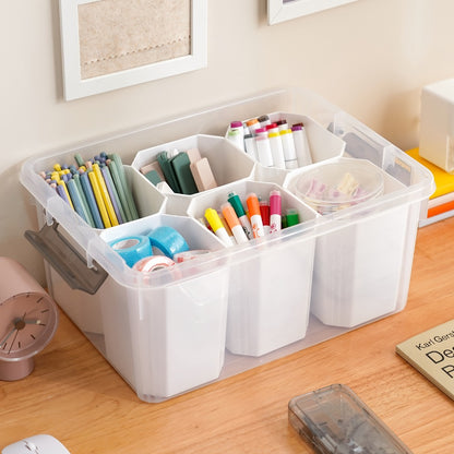 Clear Storage Box with Lid 17Qt 6 Divider Inserts Stackable Desktop Organizer for Craft Jewelry Stationery Tools Office Home