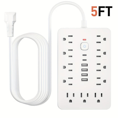 Surge Protector Power Strip 17-in-1 with 11 AC Outlets 4 USB-A 2 USB-C Ports Flat Plug Extension Cord Space-Saving Compact Design for Home Office Kitchen Desk Wall Charging Station