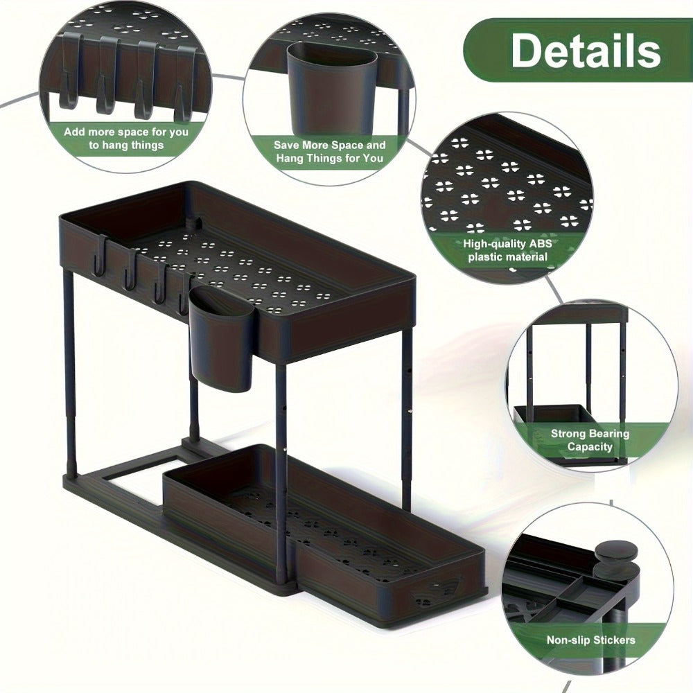 Under Sink Organizer 2-Tier Sliding Cabinet Basket with Hooks – Adjustable Bathroom Kitchen Shelf Storage Rack for Cabinets