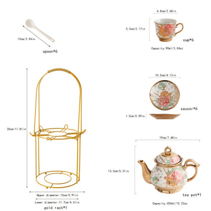 20-Piece Floral Ceramic Tea Set with Saucers & Metal Stand | European Afternoon Tea Service, Blooming Design, Complete Tea Accessories, Gift for Tea Lovers