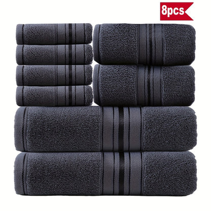 Cotton Bath Towel Set 8 Piece 550GSM Vintage Striped - 100% Cotton Hotel Quality Soft Absorbent Machine Washable | 2 Bath 2 Hand 4 Washcloths | 15 Colors | Bathroom Hotel Spa Gift