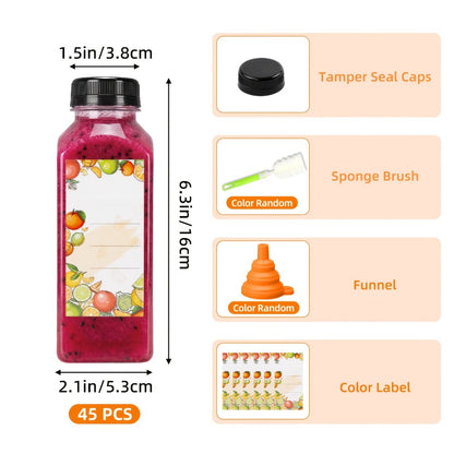 Reusable Juice Bottles 55pcs 12oz Bulk Clear Plastic Bottles with Caps Labels Funnel & Brush - BPA-Free Leak-Proof Containers for Juicing Smoothies Milkshakes Iced Coffee Meal Prep & Catering