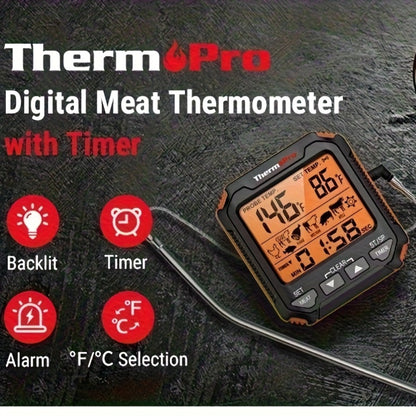 Digital Meat Thermometer with Probe Backlit Display Temp Alert for BBQ Smoker Oven Cooking - 6 Meat Presets 3 Doneness Levels Wide Range 14°F to 572°F Countdown Timer Kitchen Cooking Thermometer