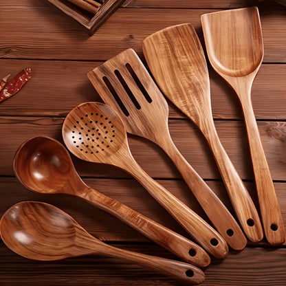 Wooden Kitchen Utensils Set – Natural Wood Spoon Spatula & Wok Spatula with Ergonomic Handle, Heat-Resistant Non-Stick Safe Cooking Tools, Easy to Clean Durable Kitchen Essentials (5 / 6 / 10 Piece Sets)