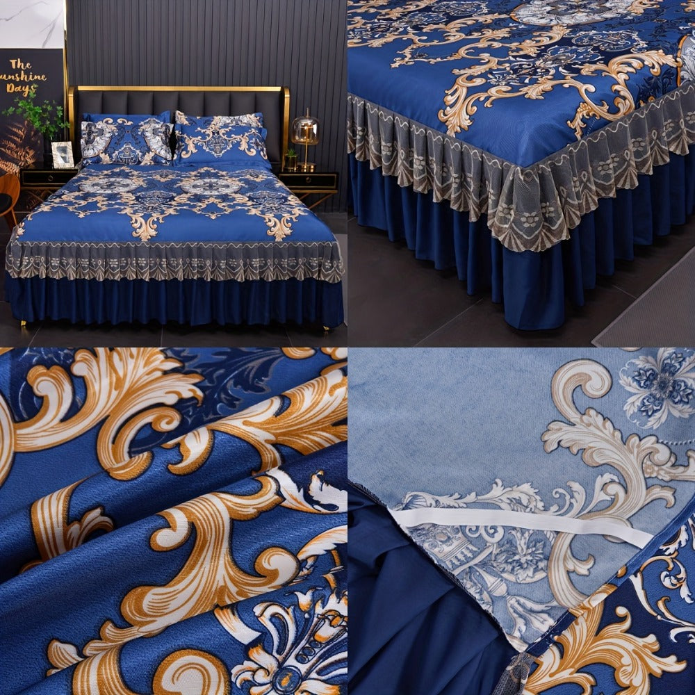 Floral Ruffle Bed Skirt Cool Mat 3 Piece Set with Pillowcase, Double Layer 360° Full Wrap Washable Cooling Mattress Cover, Breathable Summer Bedding Set for Twin Full Queen King, Parisian Romantic Floral