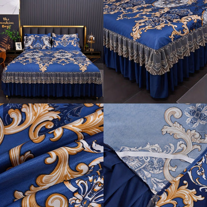 Floral Ruffle Bed Skirt Cool Mat 3 Piece Set with Pillowcase, Double Layer 360° Full Wrap Washable Cooling Mattress Cover, Breathable Summer Bedding Set for Twin Full Queen King, Parisian Romantic Floral