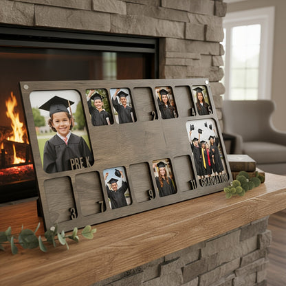 Graduation Photo Frame Vintage Wooden 14-Photo Collage Display Stand Desktop Wall Decor Home Office Grad Gift Grey Beige