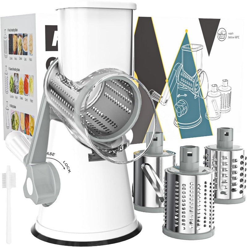 Rotary Cheese Grater with Hand Crank – 3 Interchangeable Blades for Cheese, Vegetables & Nuts, Non-Slip Suction Base, Includes Cleaning Brush – Manual Cheese Shredder for Kitchen (6 Colors)