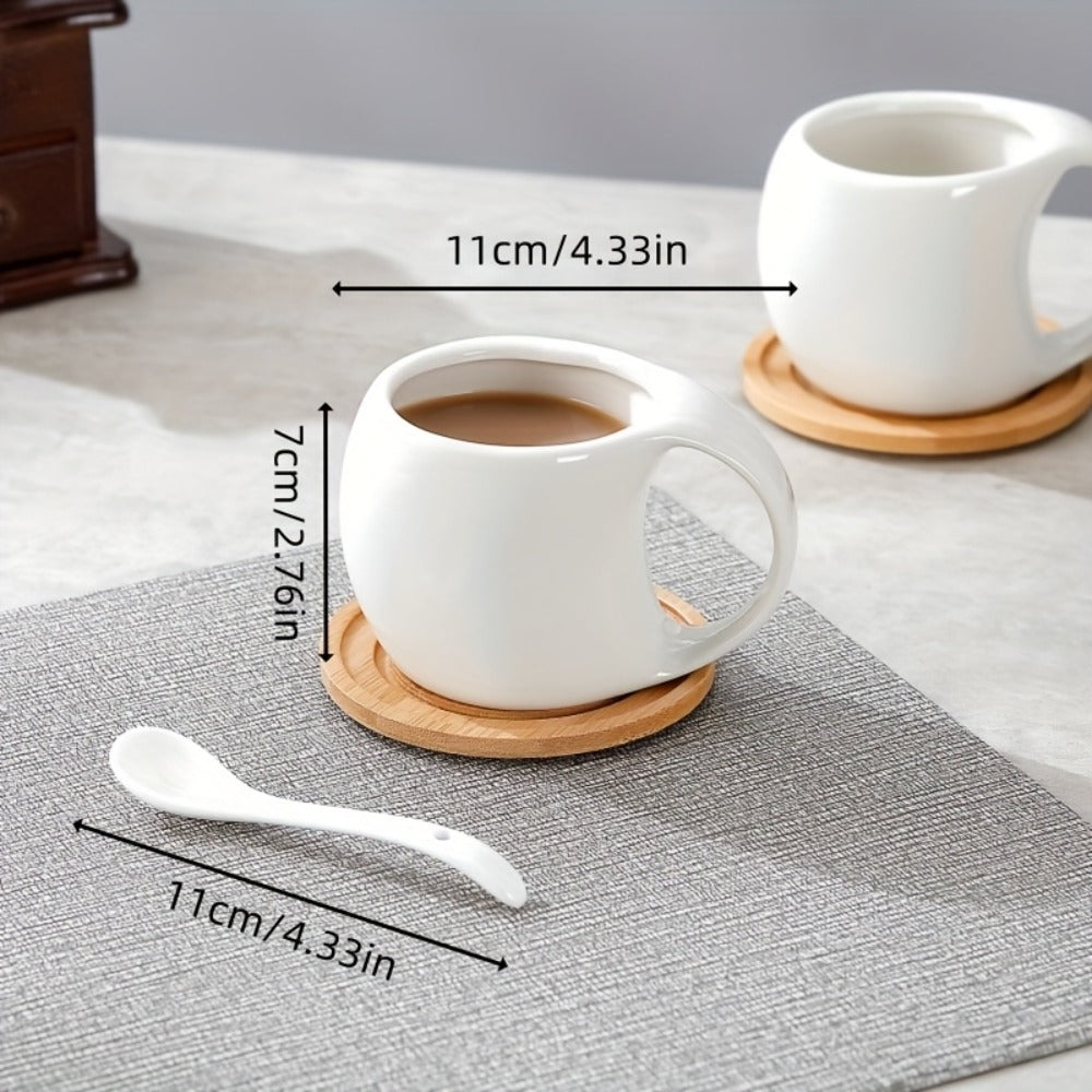 Ceramic Coffee Cup Set of 6 with Wooden Coasters & Cup Holder | 200ml Latte Cappuccino Espresso Tea Mugs | Home Office Café Gift Set
