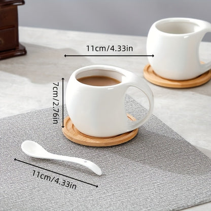Ceramic Coffee Cup Set of 6 with Wooden Coasters & Cup Holder | 200ml Latte Cappuccino Espresso Tea Mugs | Home Office Café Gift Set