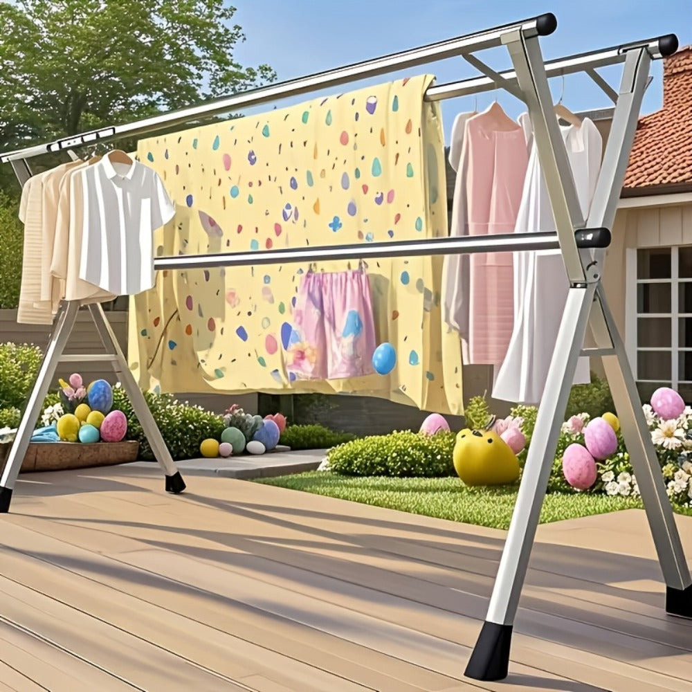 Foldable Clothes Drying Rack 3-Bar – Heavy Duty Stainless Steel Collapsible Laundry Rack, Retractable 63" or 79" for Indoor & Outdoor Use – Freestanding Portable Clothesline Drying Rack
