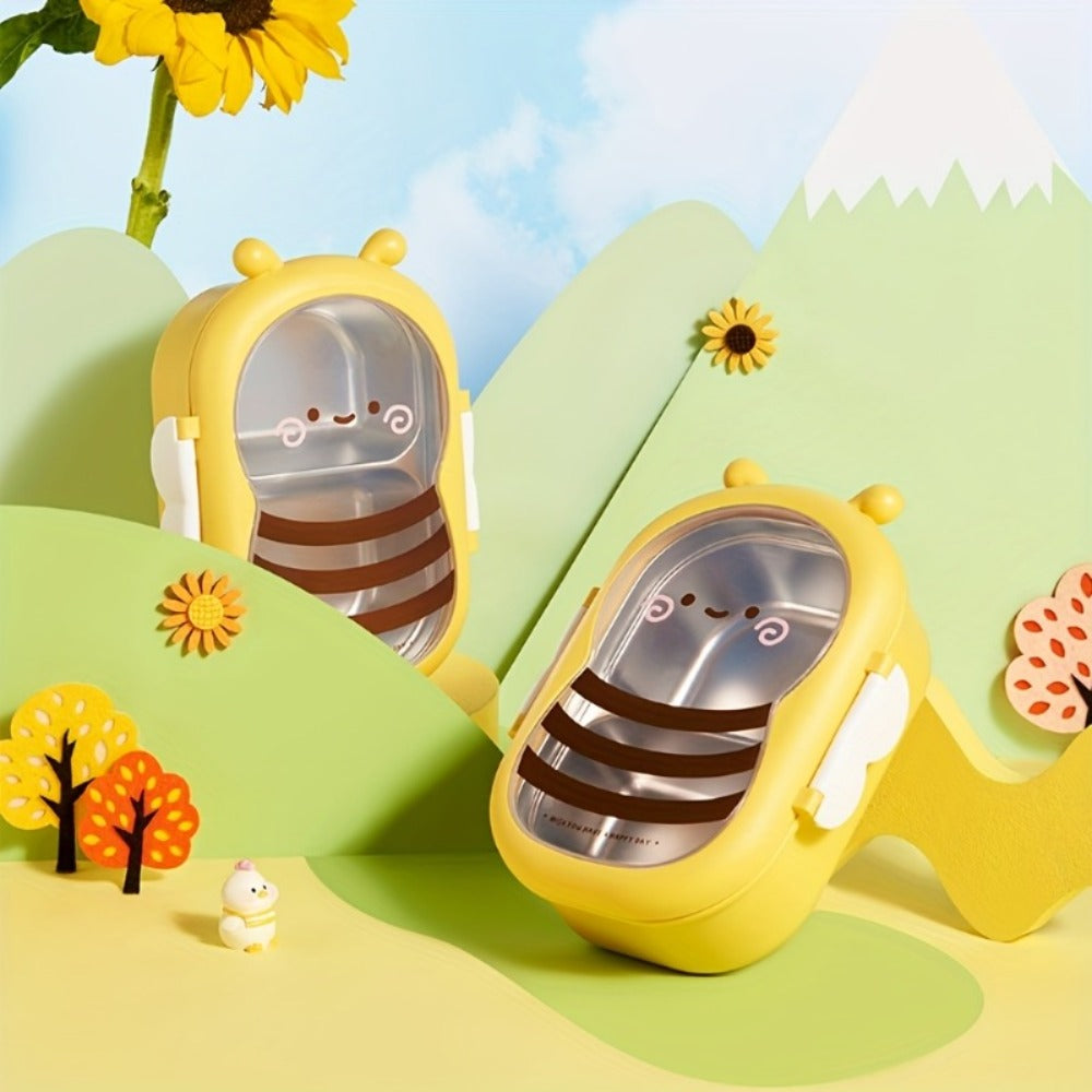 Cute Bee Lunch Box Stainless Steel – 304 Food Grade 2-Compartment Bento Box with Bee-Themed Lid for Kids, School, Office & Picnic – Lightweight Leakproof Lunchbox Gift