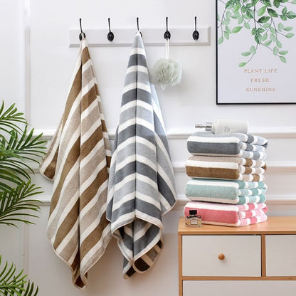 Striped Bath Towel Set 1 or 4 Pack 346GSM - 100% Polyester Super Soft Skin Friendly Absorbent Quick Dry | 70x140cm 27.6x55.1in | Green Gray Red Multi-Color | Home Bathroom Beach Essentials