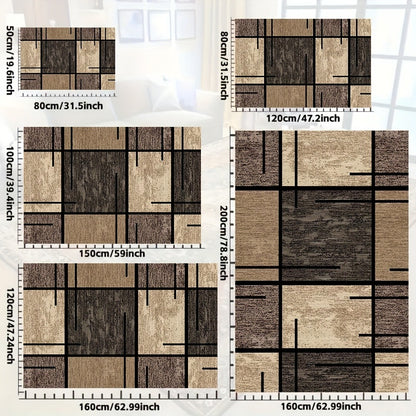 Machine Washable Area Rug Geometric Beige Brown Velvet 850 GSM Fade-Resistant Polyester Carpet for Living Room Bedroom Dining Room Office Non-Slip Rectangle Floor Rug