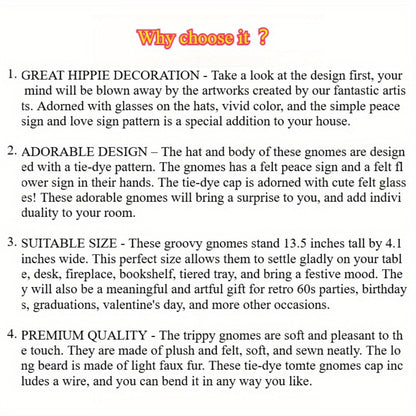 Hippie Gnomes Decorations 2 Pack – Groovy Tie Dye Tomte Figurines with Peace Sign & Fashion Glasses, 13.5" Swedish Gnome Shelf Sitters for Farmhouse, Christmas, Halloween & Party Decor
