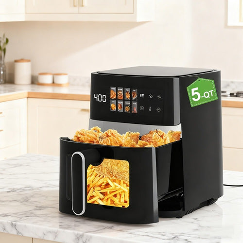 Air Fryer 5 Quart 8-in-1 Electric Hot Air Oven 1350W with LED Touchscreen & 360° Hot Air Circulation – Large Capacity Digital Air Fryer for Fry Roast Bake Grill Dehydrate, Black