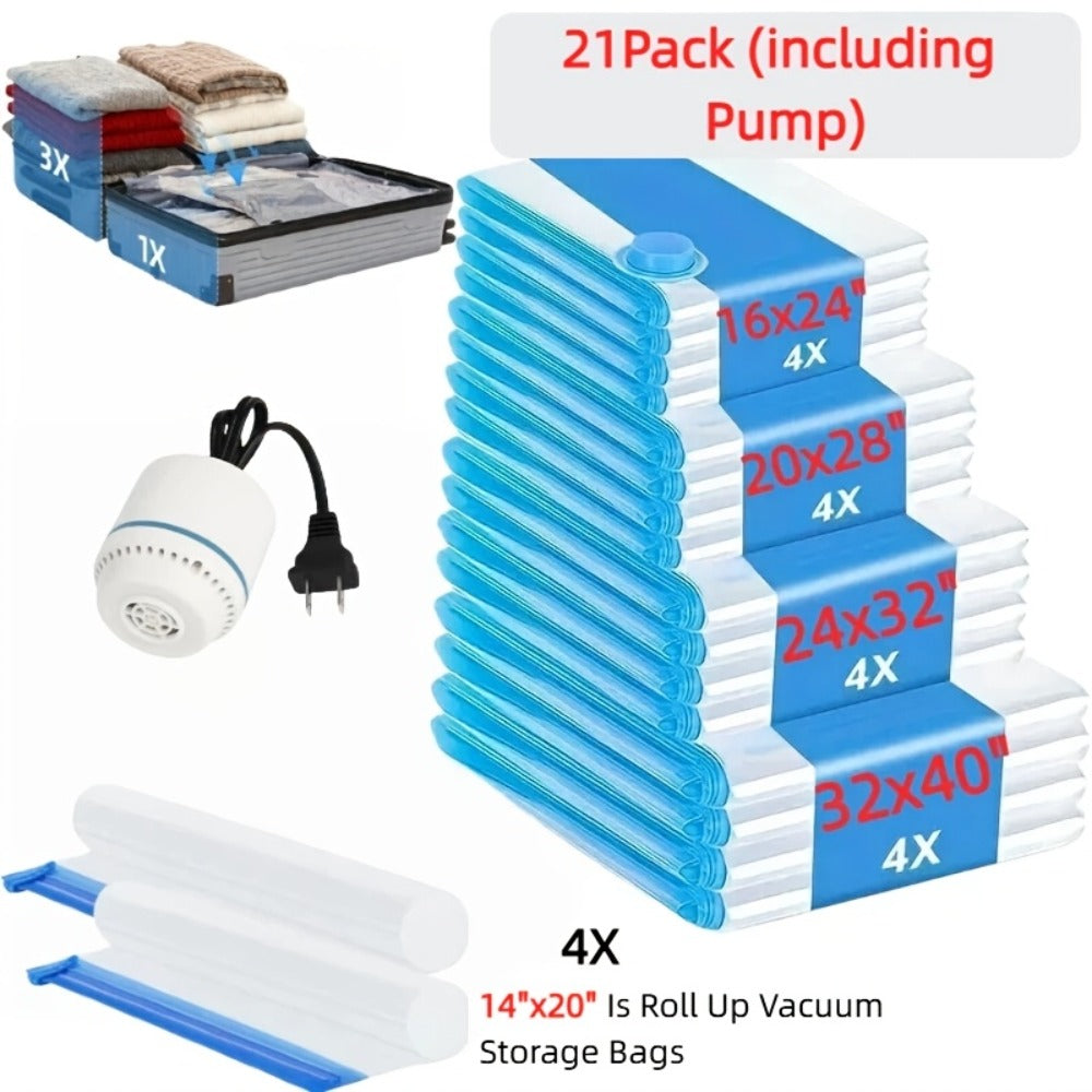 Vacuum Storage Bags with Air Pump, 20-21 Pack Reusable Compression Bags for Clothes, Quilts & Blankets — 4 Sizes Space-Saving Storage for Travel, Moving & Organizing | Transparent