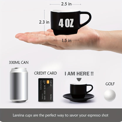 Espresso Cups Set of 6 with Saucers, Spoons & Metal Stand, 4oz Stackable Ceramic Cappuccino Mugs for Double Espresso, Lungo & Afternoon Tea – Matte Black & Matte White
