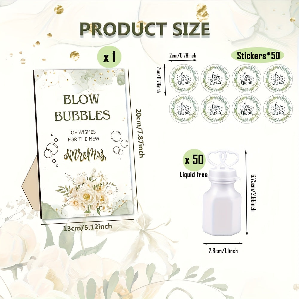 Wedding Bubble Bottle Party Favor Set 50 Mini Bottles with Wooden Sign & Stickers – Liquid-Free for Weddings Birthdays Showers