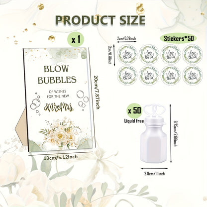 Wedding Bubble Bottle Party Favor Set 50 Mini Bottles with Wooden Sign & Stickers – Liquid-Free for Weddings Birthdays Showers