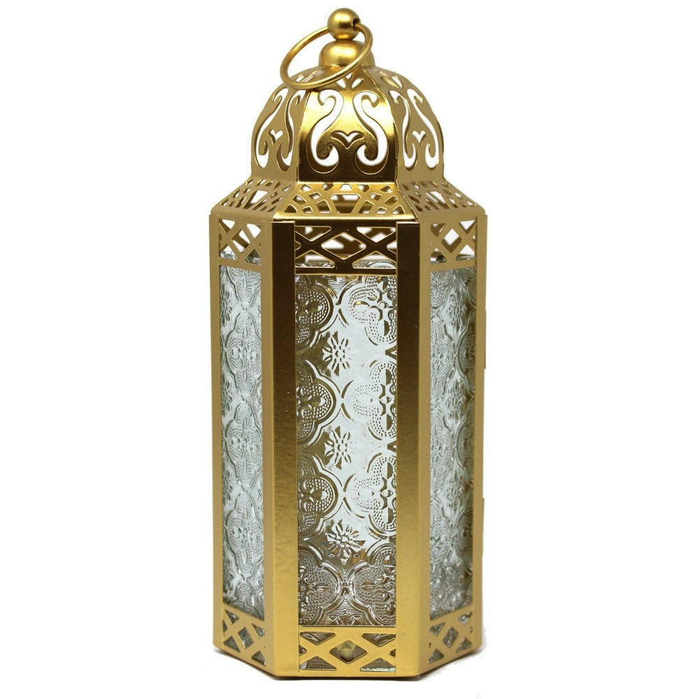 Moroccan Candle Lantern Holder - Decorative Metal & Glass Lantern with Embossed Floral Design for Indoor Home Decor, Garden, Patio, Weddings, Ramadan, Halloween & Holiday Celebrations - 10.5" Tall Medium Size