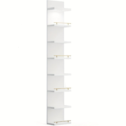 Floating Wall Shelves with LED Light - 6 & 8 Tier Wall Mounted Display Shelf Unit with Anti-Slip Rails for Bedroom, Living Room, Bathroom, Office & Dorm - Modern Space Saving Shelf (Black / White)