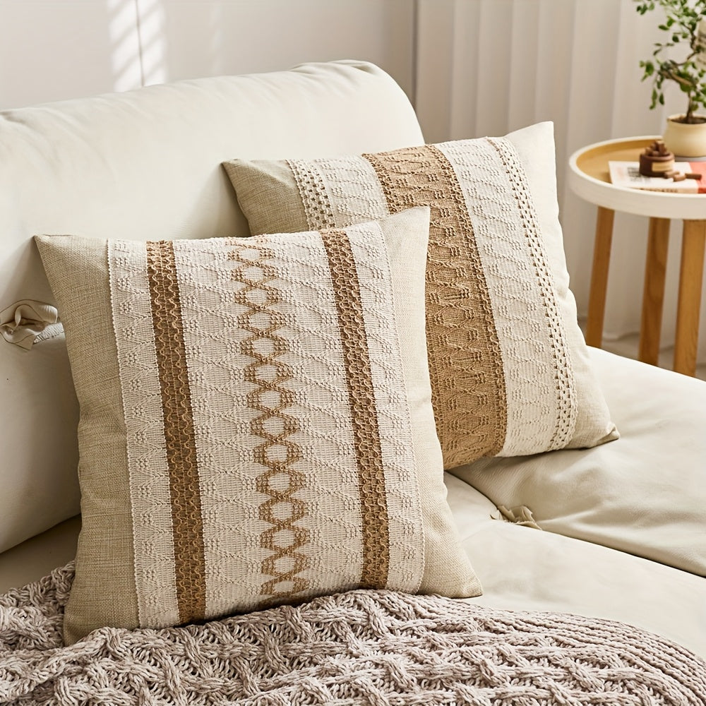Throw Pillow Covers 2 Pack Boho Geometric Brown Beige 18x18 – Bohemian Decorative Pillow Cases with Zipper Closure – Soft Polyester Cushion Covers for Sofa Couch Bedroom Living Room Boho Home Decor
