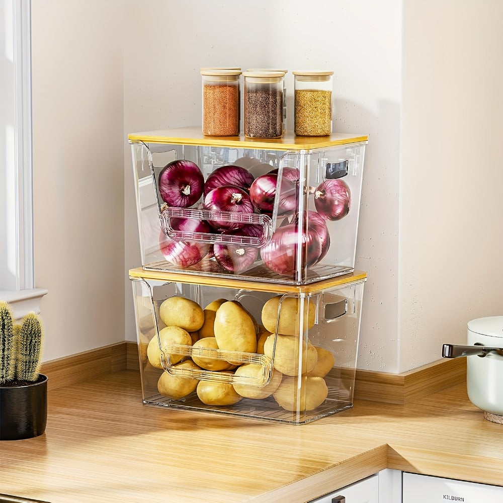 Stackable Kitchen Food Storage Organizer Boxes Clear Acrylic 2 Pack | Extra Large Transparent Produce Storage for Onions Potatoes Fruits Vegetables | Cabinet Pantry Space Saver with Garbage Bags