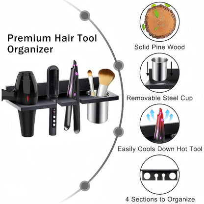 Wall Mounted Hair Tool Organizer – Wooden Hair Dryer Holder & Storage Rack for Curling Iron, Straightener & Brushes, Rustic Bathroom Salon Shelf (Brown & Black)