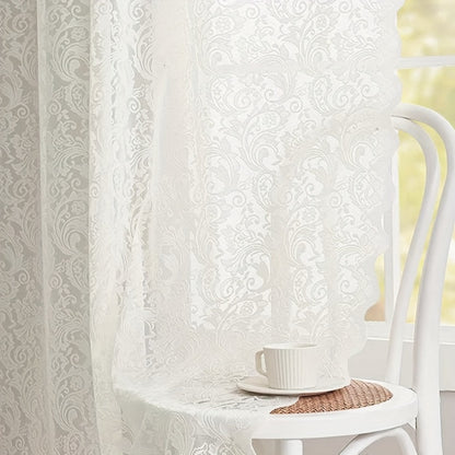 Sheer Curtain Rod Pocket Floral Lace Semi-Sheer Window Panel for Living Room Bedroom Kitchen Bathroom, 100% Polyester, Machine Washable, White Light Green Coffee