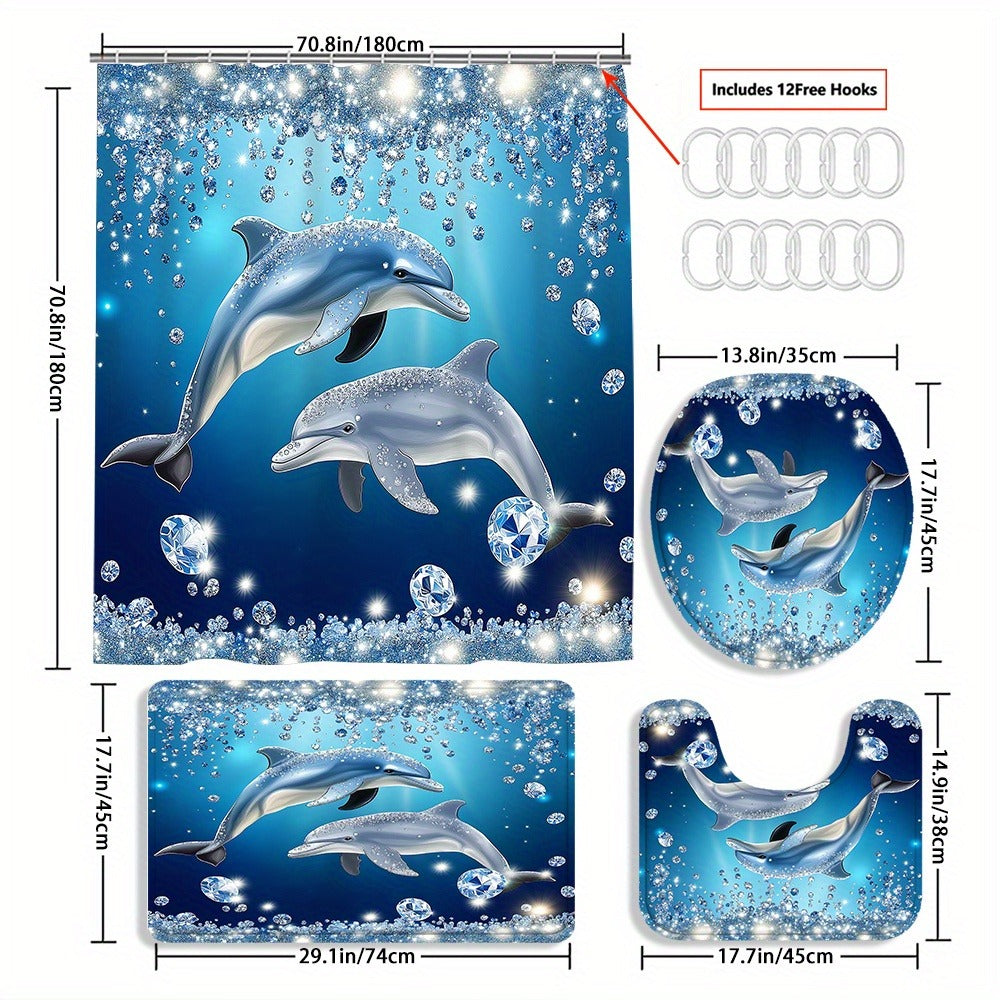 4pcs Dolphin Shower Curtain Set with Non-Slip Bath Mat, Toilet Rug & 12 Hooks – Waterproof Bathroom Decor Gift Set