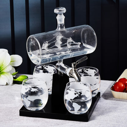 Whiskey Decanter Set with Glasses and Wooden Stand Ball Globe 28oz or Sailboat 44oz Etched Crystal Glass Cups for Whiskey Bourbon Scotch Birthday Wedding Anniversary Gift