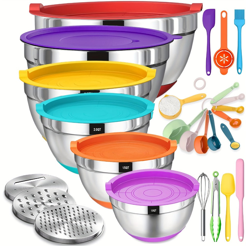 Mixing Bowls Set with Airtight Lids – 26pcs Stainless Steel Bowl Set with 3 Grater Attachments, Non-Slip Bottoms, Sizes 1–7QT – Kitchen Bowls for Mixing, Serving, Baking & Meal Prep