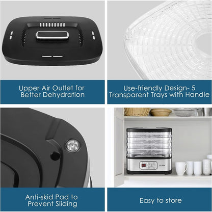 Food Dehydrator Machine 5 Tray BPA Free 240W LED Digital Touchscreen Adjustable Temperature 95-158F 72H Timer for Jerky Fruit Herbs Dog Treats Snacks Electric Food Dryer with Recipe Book
