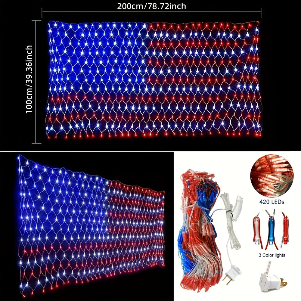 American Flag LED Net Light 420 LEDs – Patriotic String Lights for 4th of July, Memorial Day, Independence Day, Christmas & New Year, Indoor Outdoor Garden Yard Decor, Plug-In 6.6x3.3ft