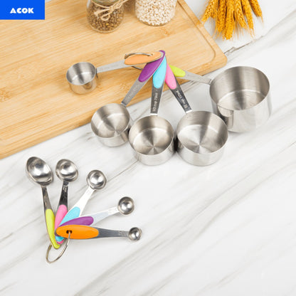Measuring Cups and Spoons Set 10-Piece Stainless Steel with Silicone Handle – Precise Baking & Cooking Measurement Tools | Dishwasher Safe | Christmas Kitchen Gift