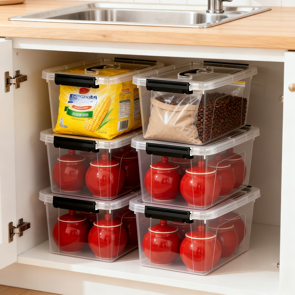 6-Pack Clear Storage Boxes with Latches & Lids – 6 Quart Stackable Plastic Organizer Containers for Home, Bedroom, Bathroom & Kitchen
