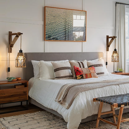 Plug In Wall Sconces Set of 2 or 1 – Rustic Farmhouse Wall Lamp with Metal Cage & Wooden Bracket, Plug-Into-Outlet Hanging Light for Bedroom, Living Room & Headboard