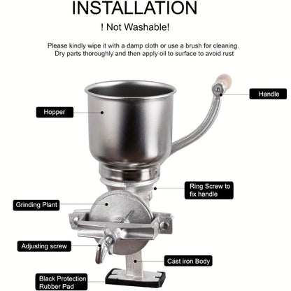 Cast Iron Grain Mill Manual Grain Grinder | Heavy Duty Hand Crank Food Mill | High Hopper with Clamp & Shield | Grinds Nuts Flour Corn Wheat Coffee | Kitchen Manual Grinder