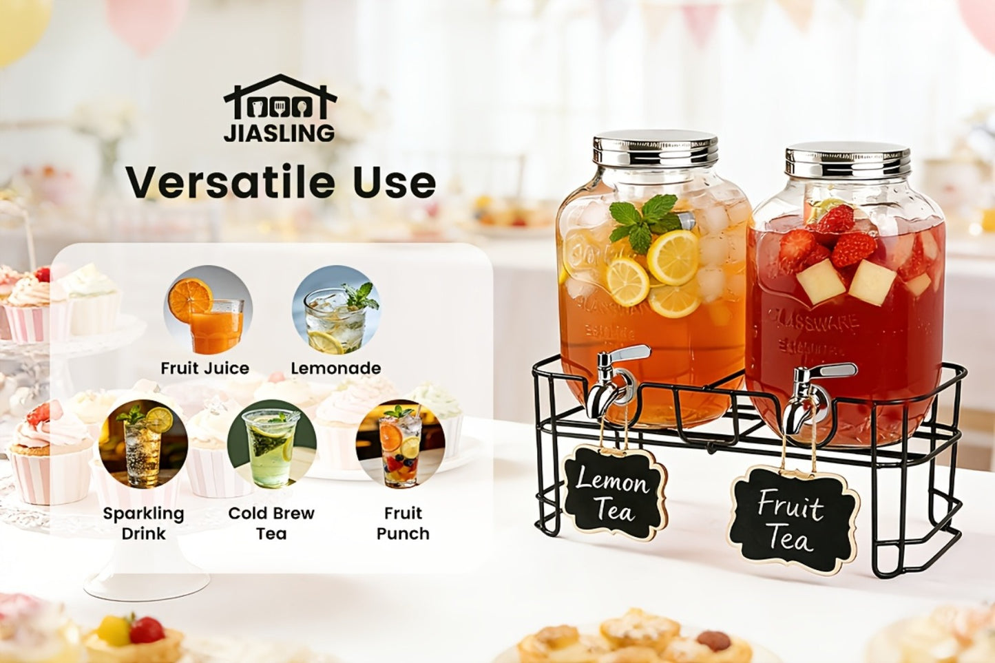 Glass Drink Dispenser with Fruit Infuser, Ice Cylinder & Stainless Steel Spigot – 1 Gallon Beverage Dispenser with Stand for Parties, Weddings, BBQ & Lemonade
