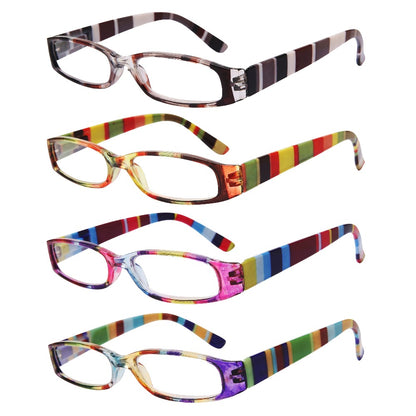 Reading Glasses 4-Pack Retro Rectangle Spring Hinge Multi-Strength for Men and Women – 1.0x to 4.0x Magnification Colorful Printed Frames Eyeglasses Set